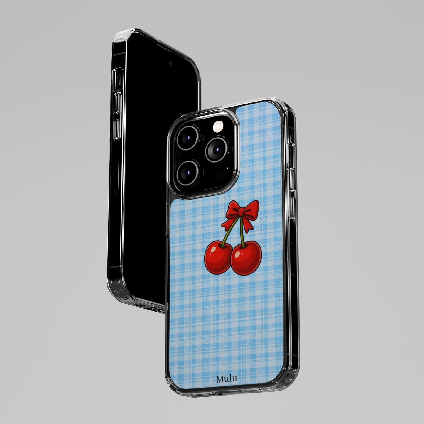 Clear Cherry Gingham Phone Case — Impact-Resistant Clear Case with Red Cherry Design