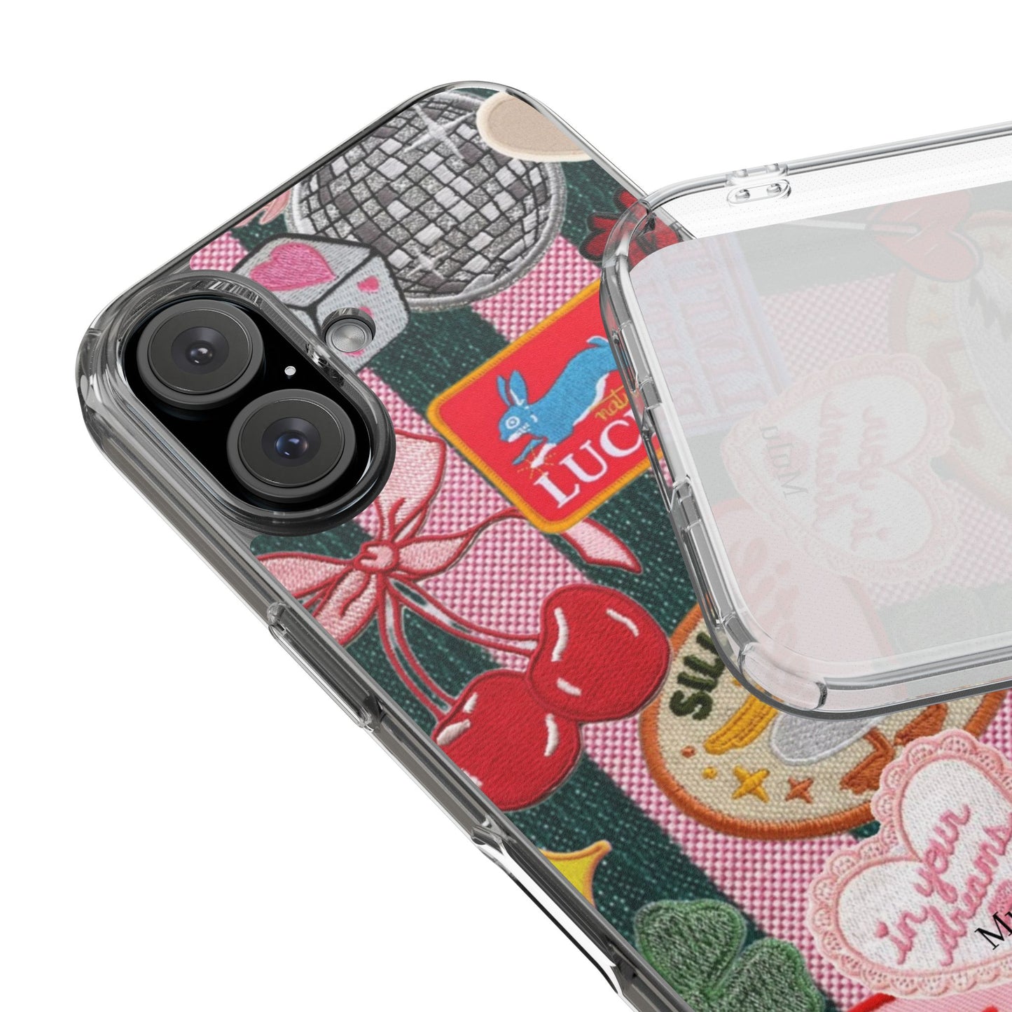 Clear Impact-Resistant Phone Case — Retro Patchwork Stickers (Lucky, Cherries, Silly Goose)