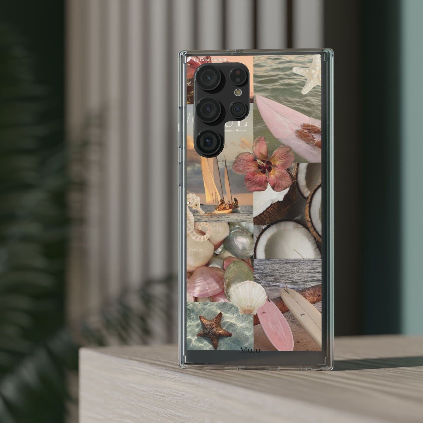 Clear Phone Case — Coastal Collage Shells & Surf Design