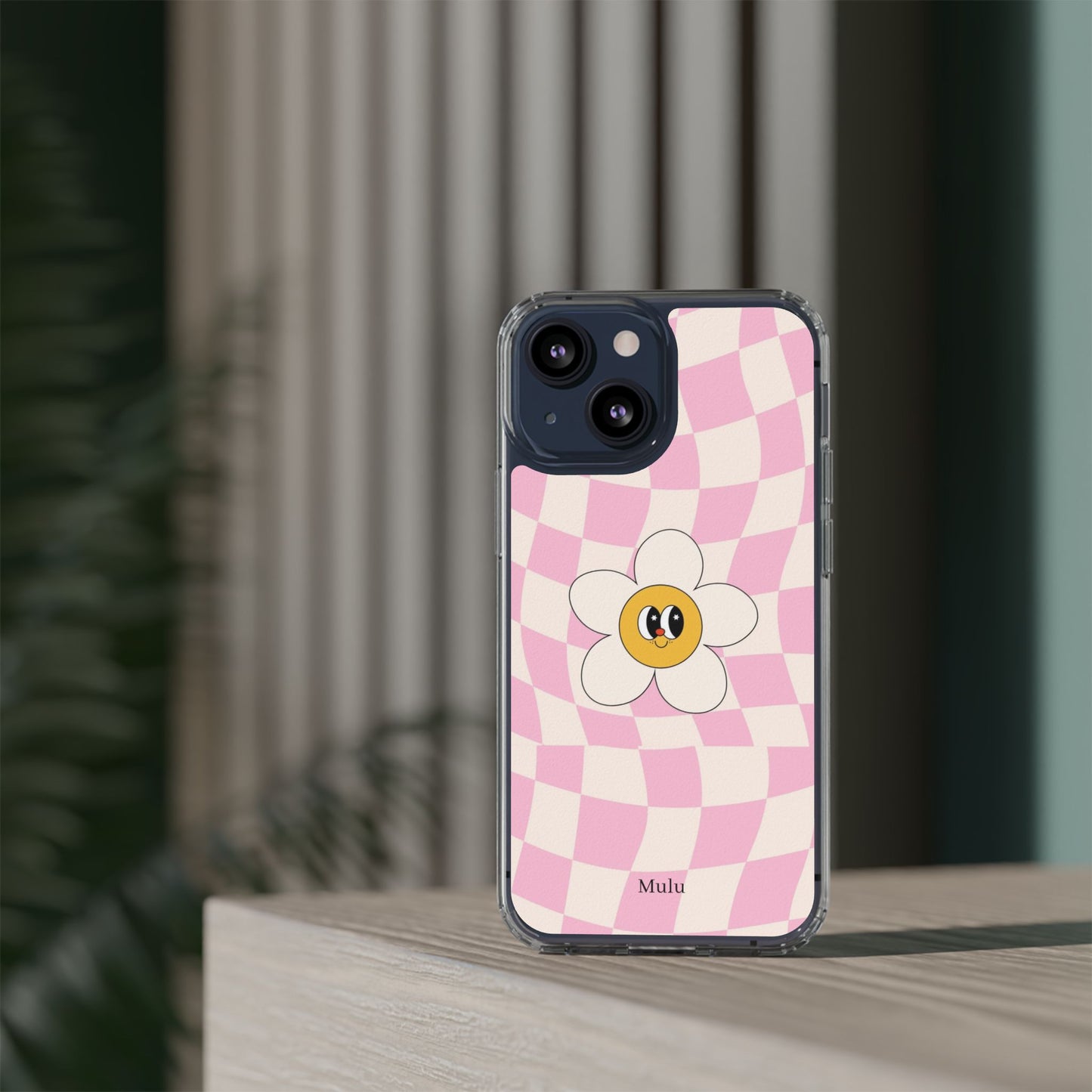 Clear Impact-Resistant Phone Case — Pink Checkerboard Daisy Design