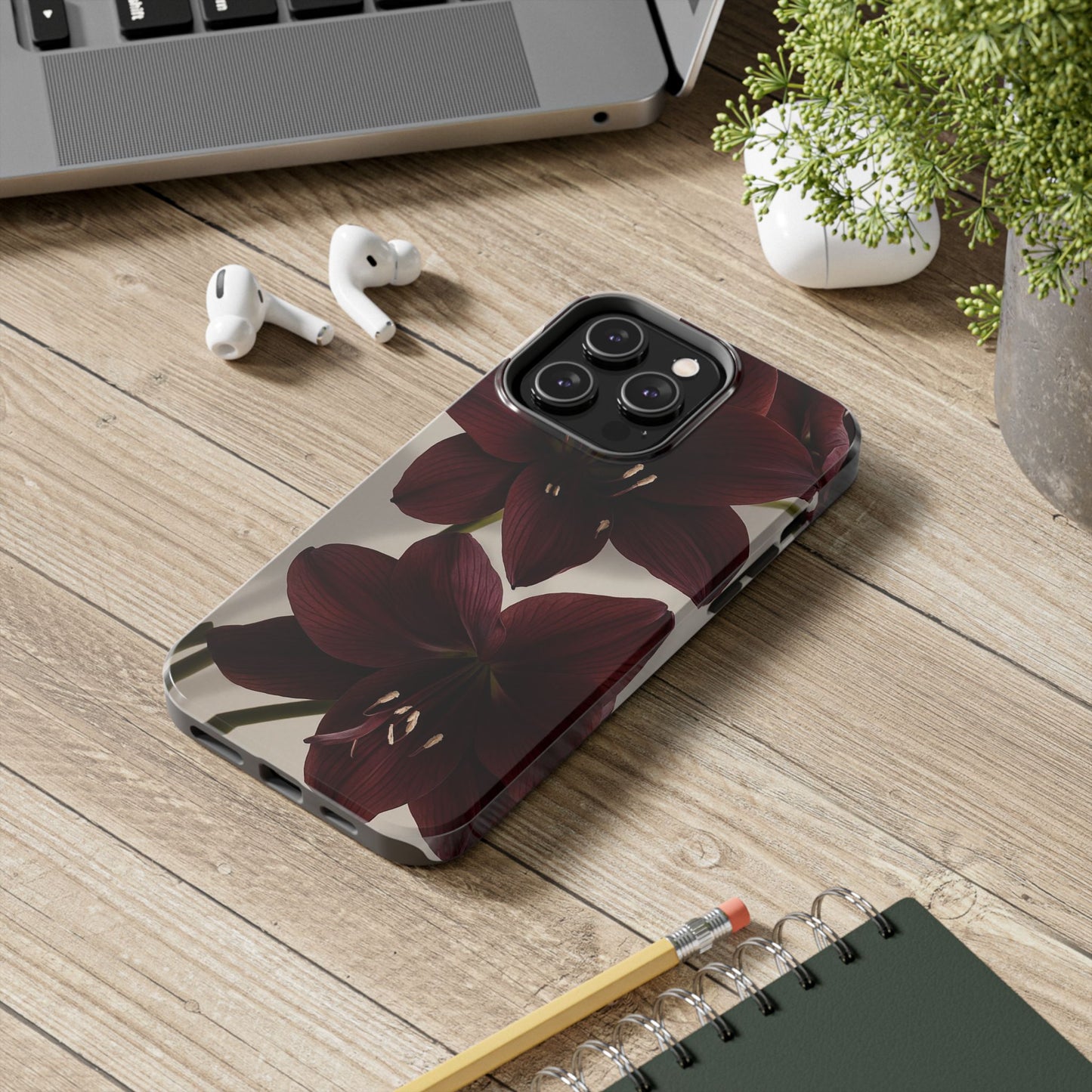 Amaryllis Noir Tough Phone Case — Dark Burgundy Floral Protective Cover