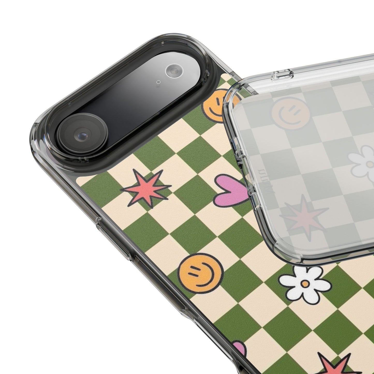 Clear Impact-Resistant Case — Retro Green Checkerboard with Smiley, Hearts & Flowers