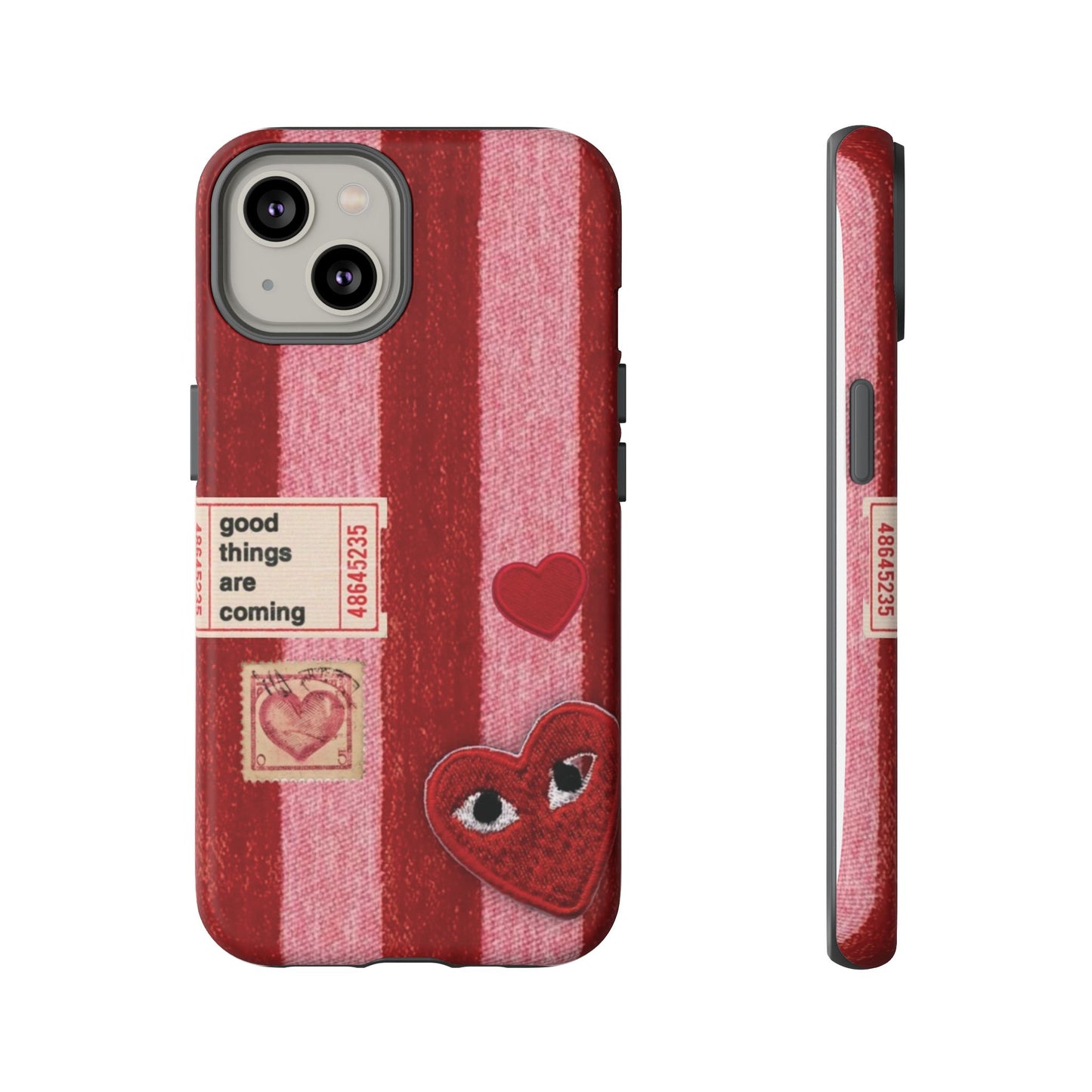 Phone Case — Red Striped Heart Design with “Good Things Are Coming”