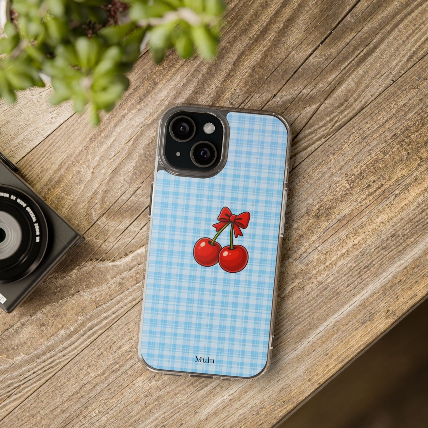 Clear Cherry Gingham Phone Case — Impact-Resistant Clear Case with Red Cherry Design