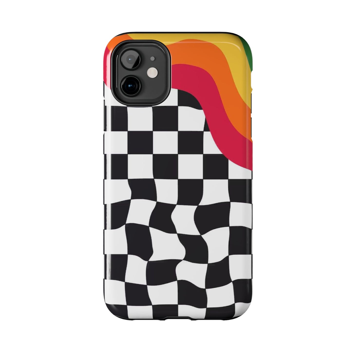 Retro Wavy Checkerboard Tough Phone Case — Rainbow Surf Skate Design
