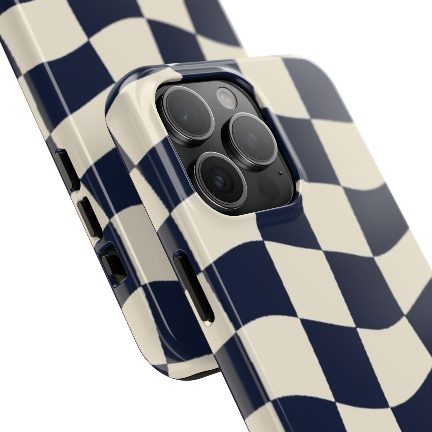Wavy Checkerboard Tough Phone Case — Navy & Cream Protective Cover