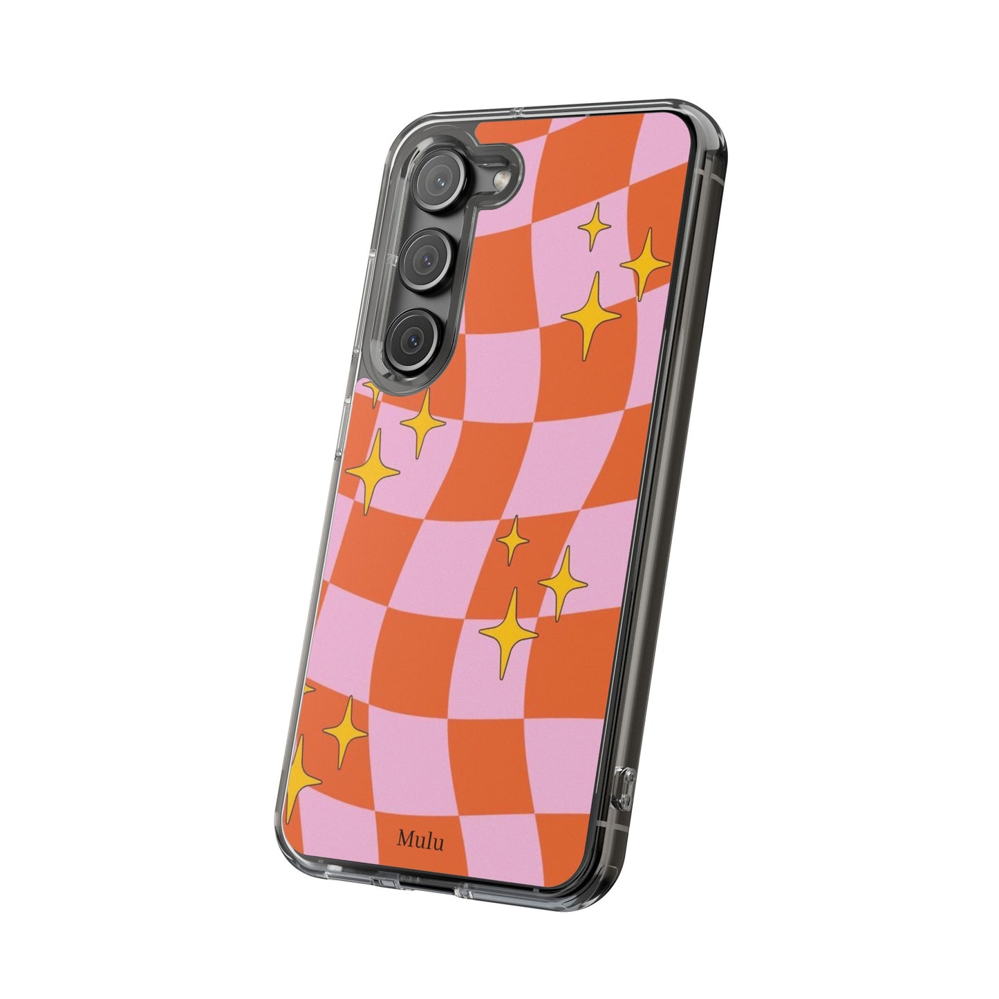 Clear Impact-Resistant Case — Retro Pink & Orange Checker with Sparkle Stars