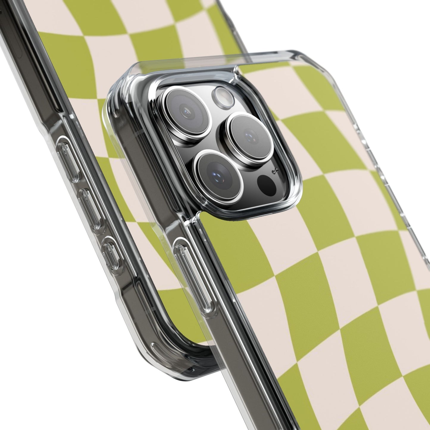 Clear Magnetic Phone Case — Olive Retro Check Pattern