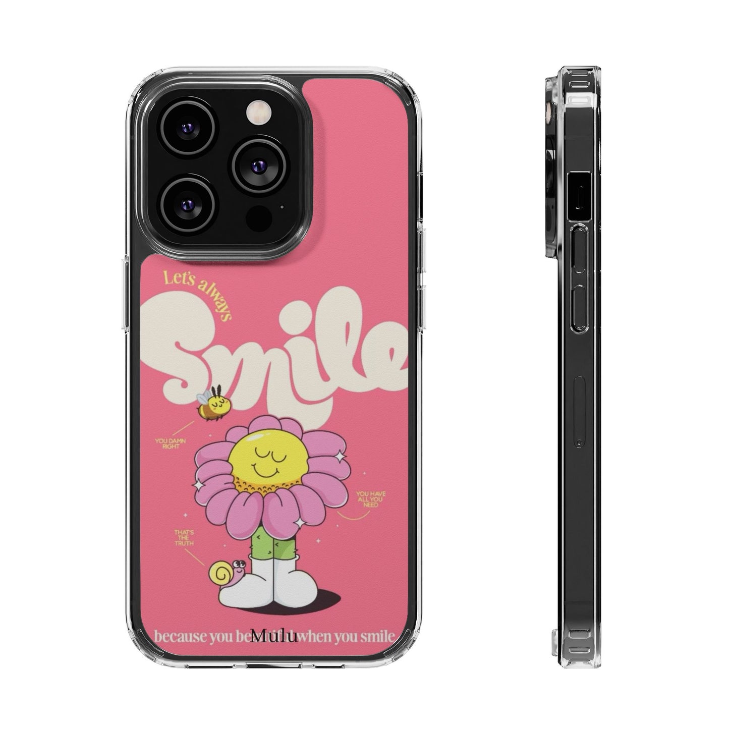 Clear Impact-Resistant Phone Case — Pink 'Smile' Flower Design
