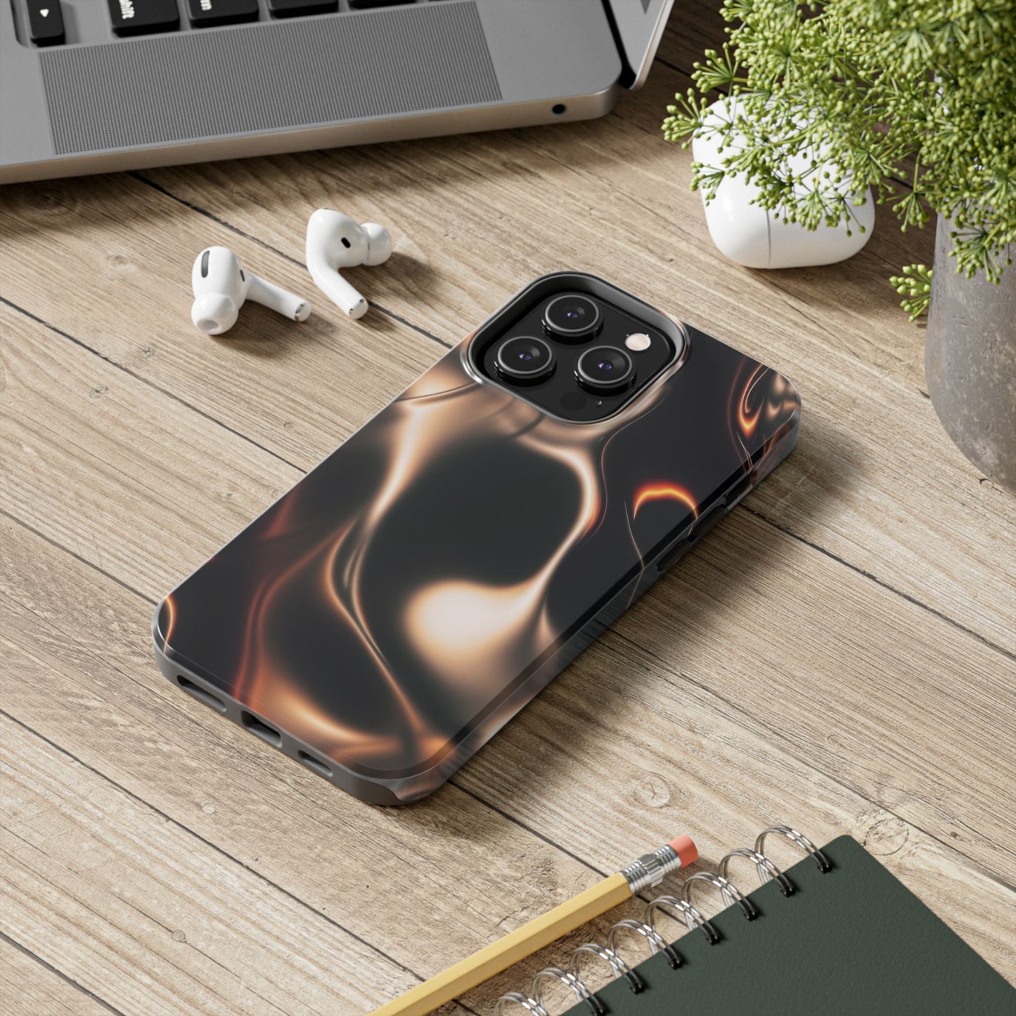 Abstract Liquid Glow Tough Phone Case — Black & Bronze Swirl Protective Cover