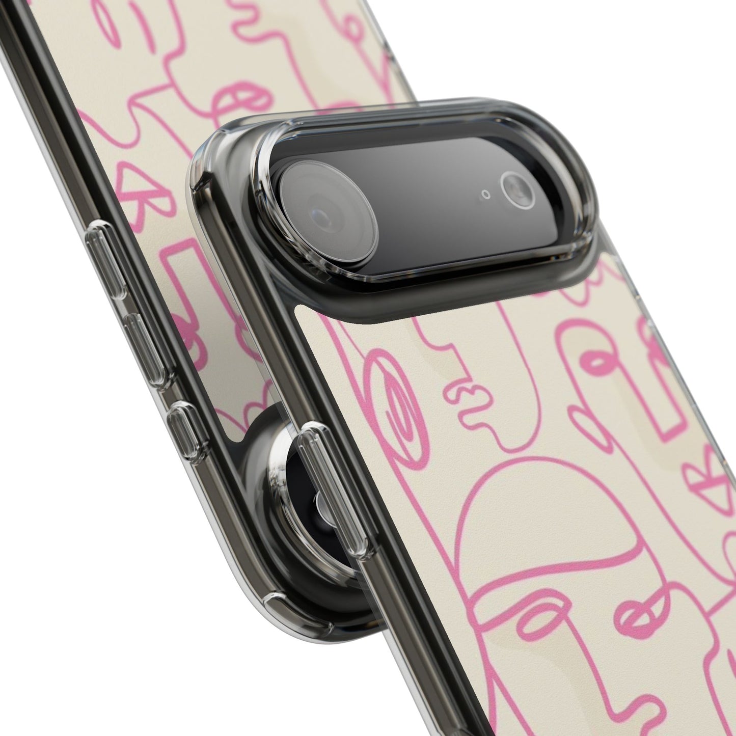 Clear Impact-Resistant Phone Case — Pink Minimalist Line Faces Design