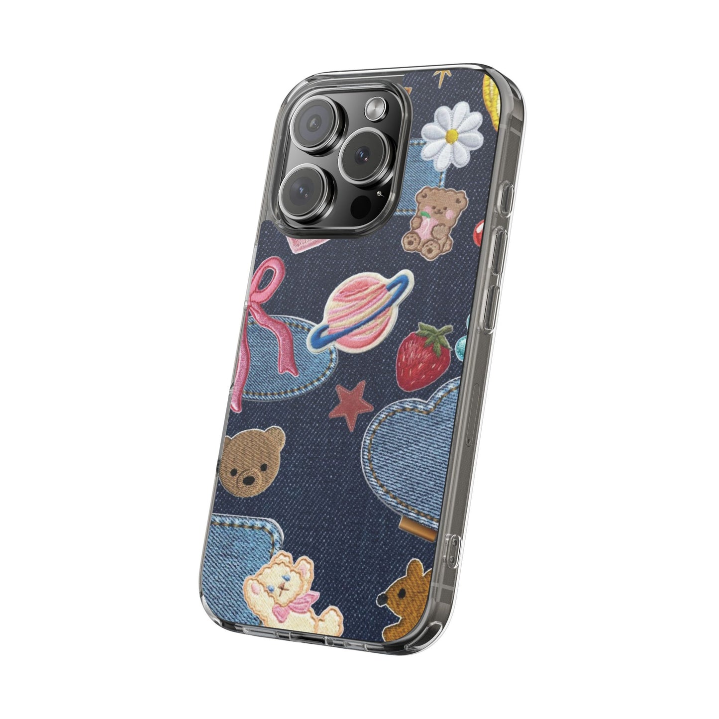 Clear Impact-Resistant Phone Case — Cute Denim Patch Collage (Teddy, Strawberry, Planet)