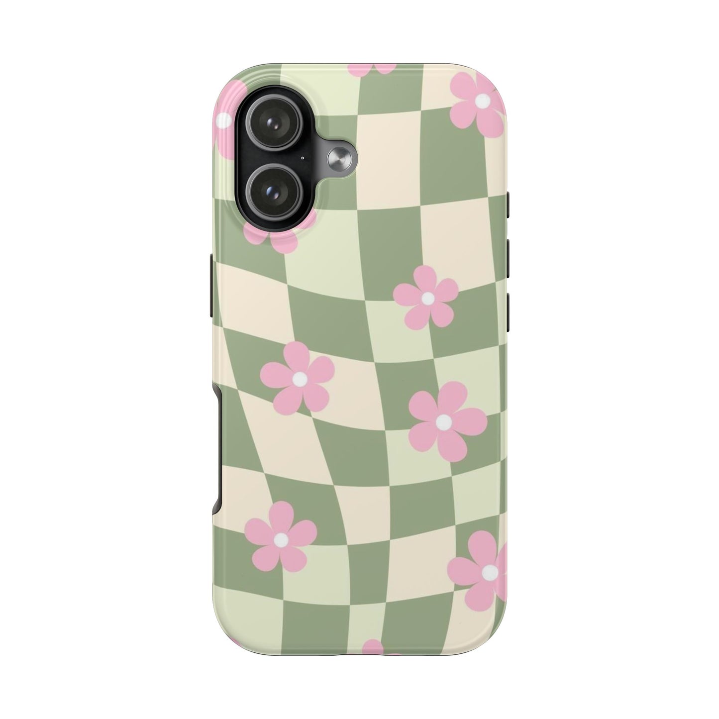 Tough Phone Case — Retro Green Checkerboard with Pink Flowers
