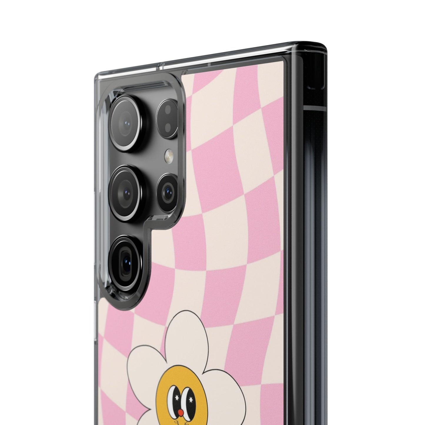 Clear Impact-Resistant Phone Case — Pink Checkerboard Daisy Design
