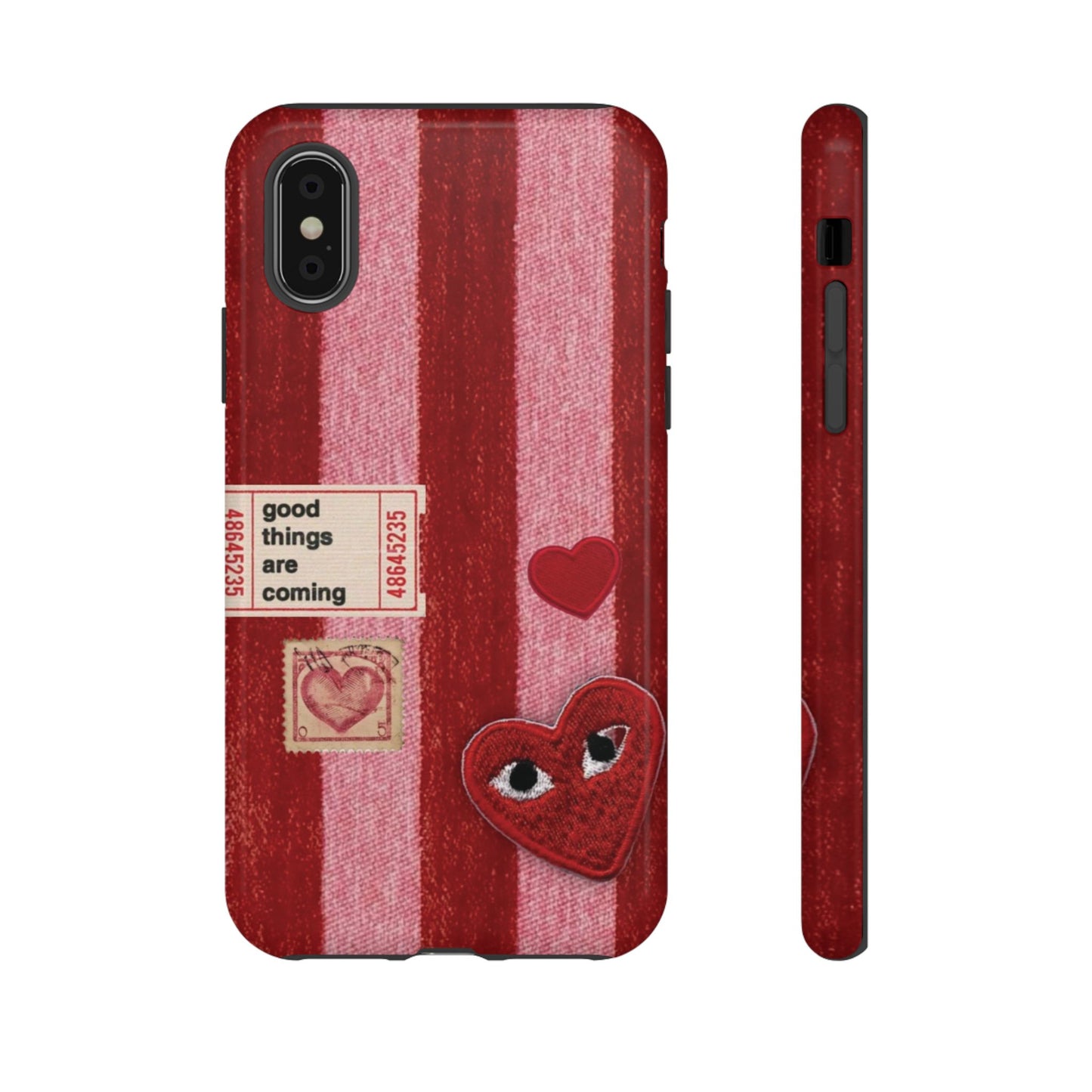 Phone Case — Red Striped Heart Design with “Good Things Are Coming”