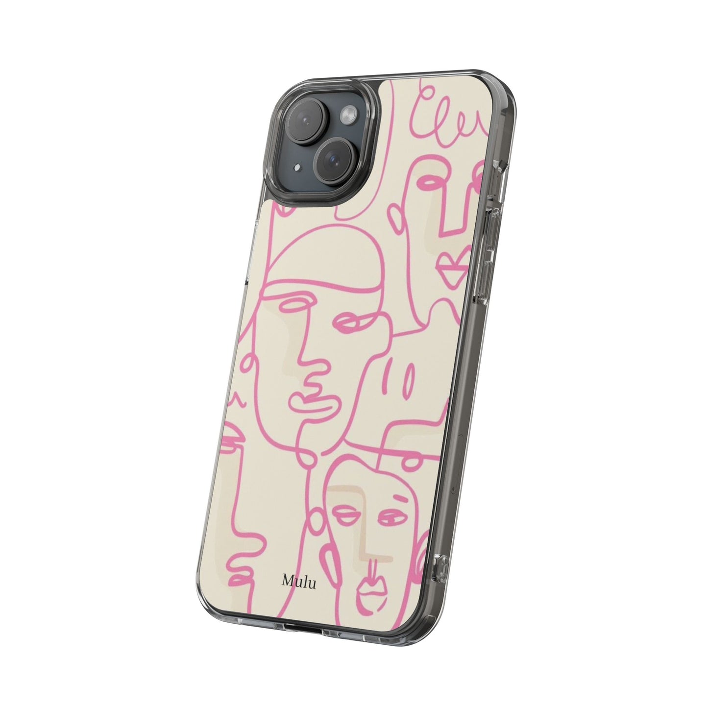 Clear Impact-Resistant Phone Case — Pink Minimalist Line Faces Design