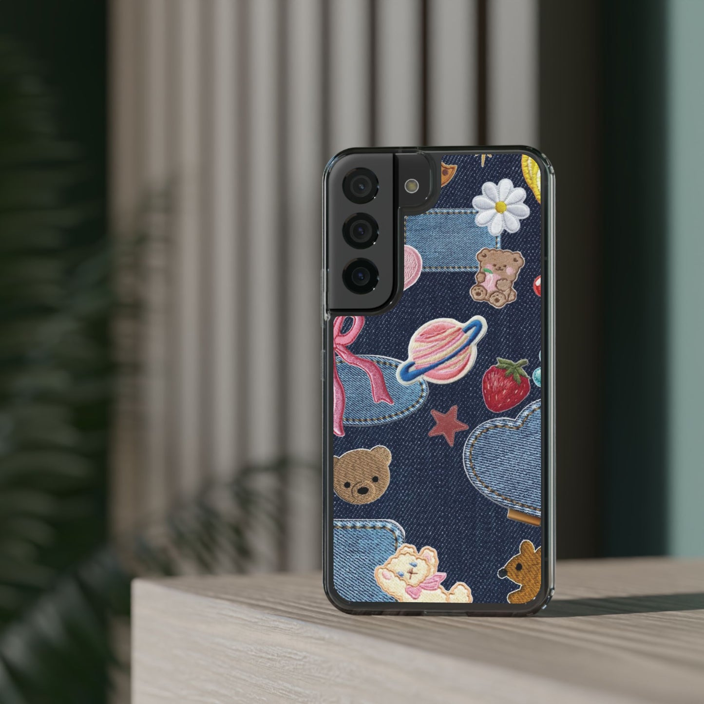 Clear Impact-Resistant Phone Case — Cute Denim Patch Collage (Teddy, Strawberry, Planet)