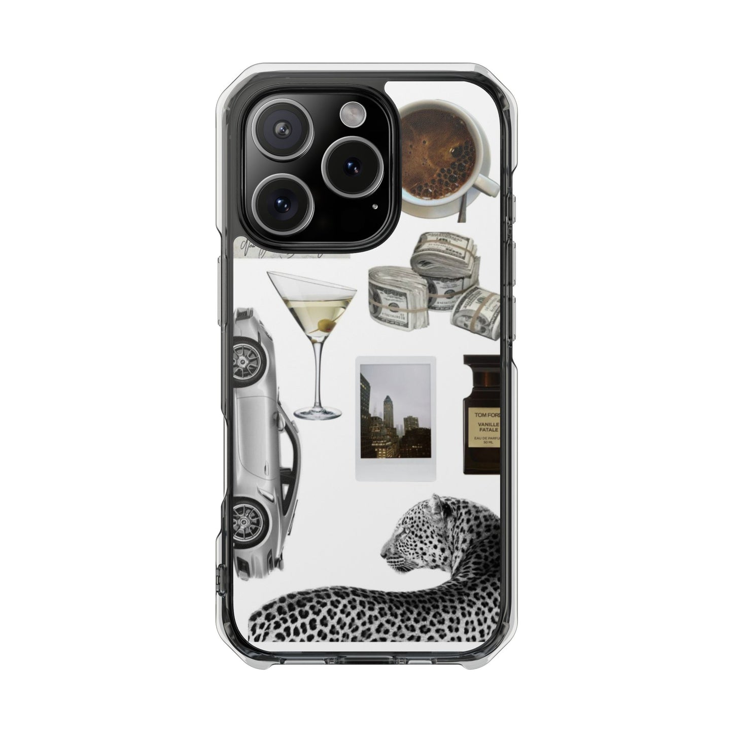 Clear Impact Phone Case — Luxe Collage (Leopard, Martini, Coffee & Vintage Car)