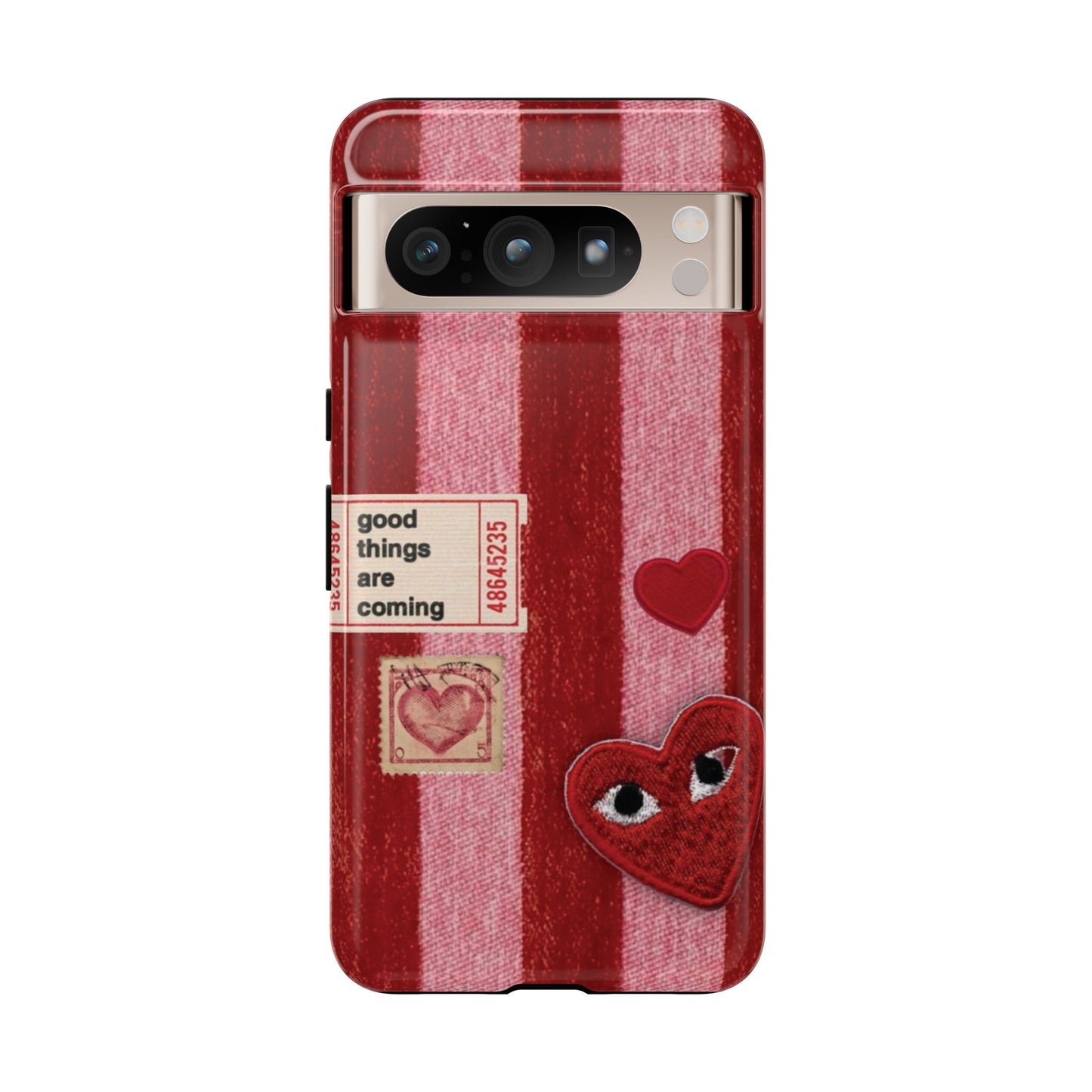 Phone Case — Red Striped Heart Design with “Good Things Are Coming”