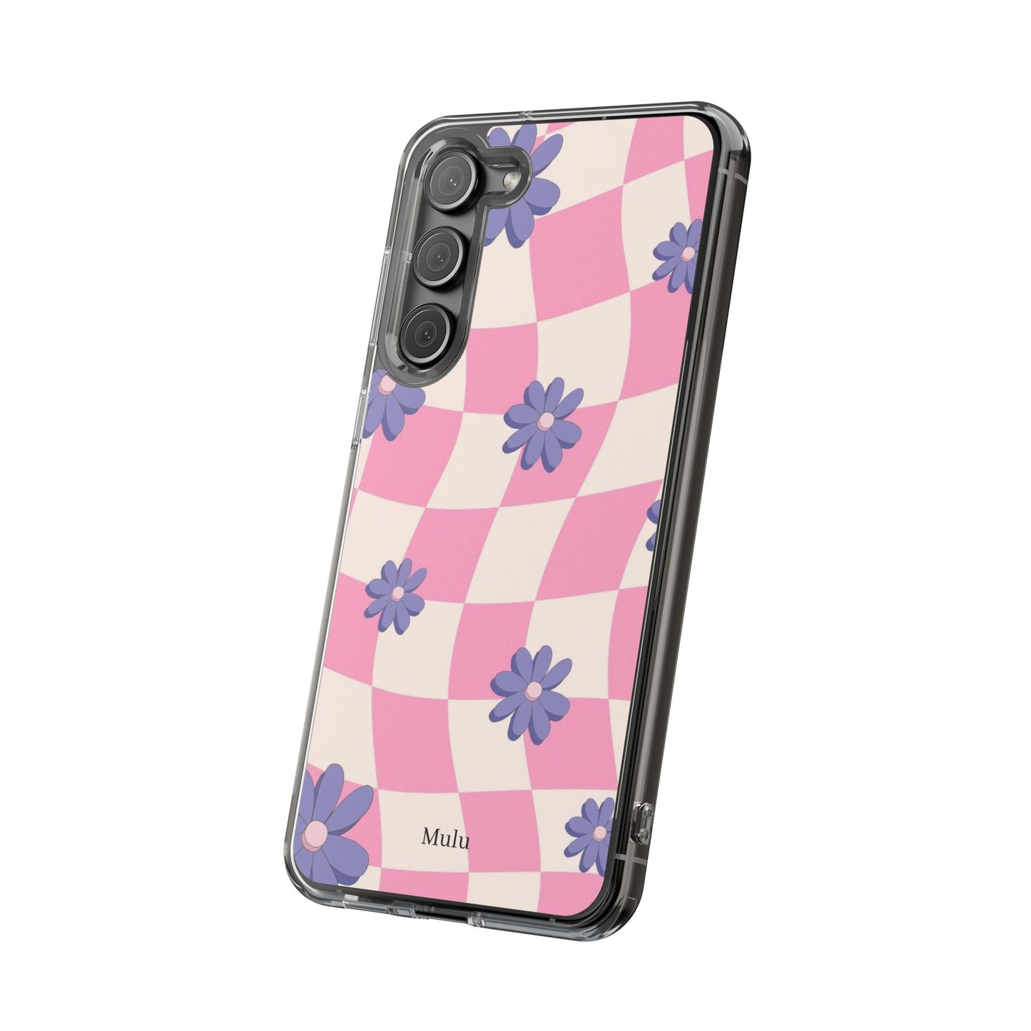 Clear Impact Phone Case — Pink Checkerboard with Purple Flowers