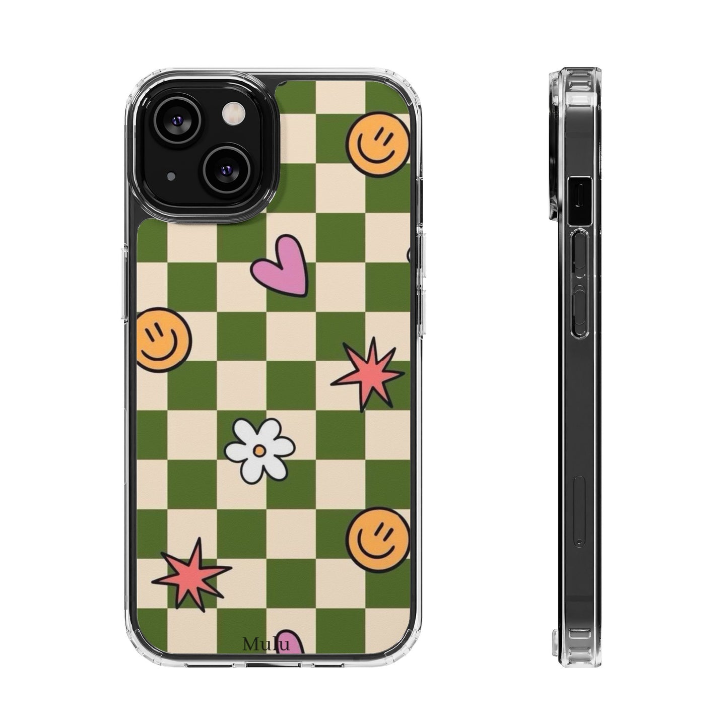Clear Impact-Resistant Case — Retro Green Checkerboard with Smiley, Hearts & Flowers