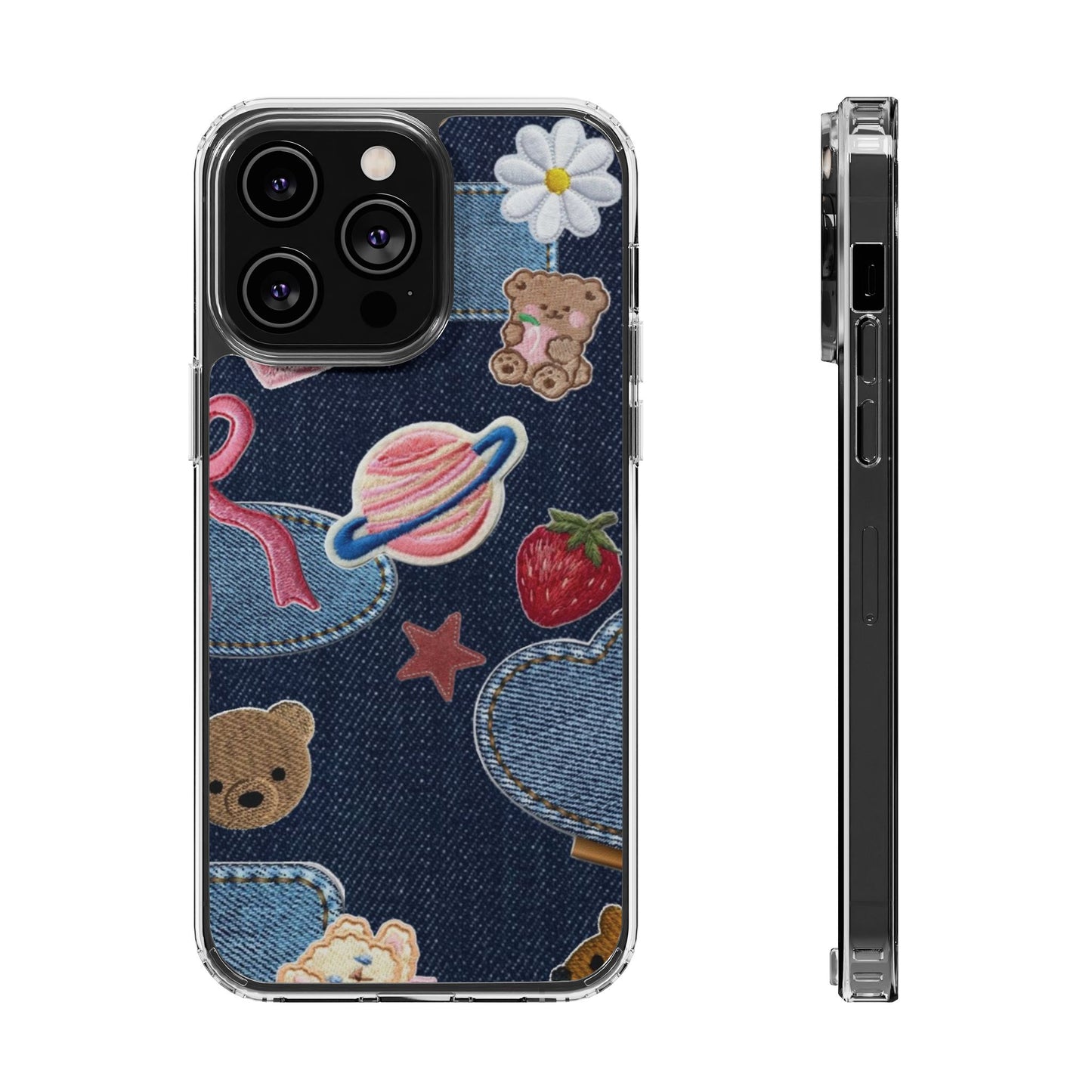 Clear Impact-Resistant Phone Case — Cute Denim Patch Collage (Teddy, Strawberry, Planet)