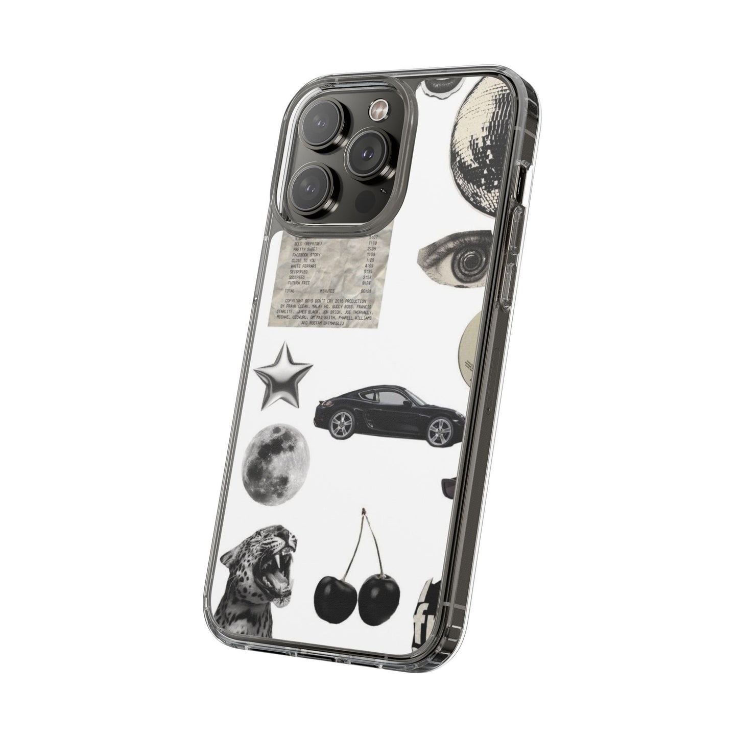 Clear Phone Case — Vintage Collage Stickers (Moon, Eye, Car, Cherries)