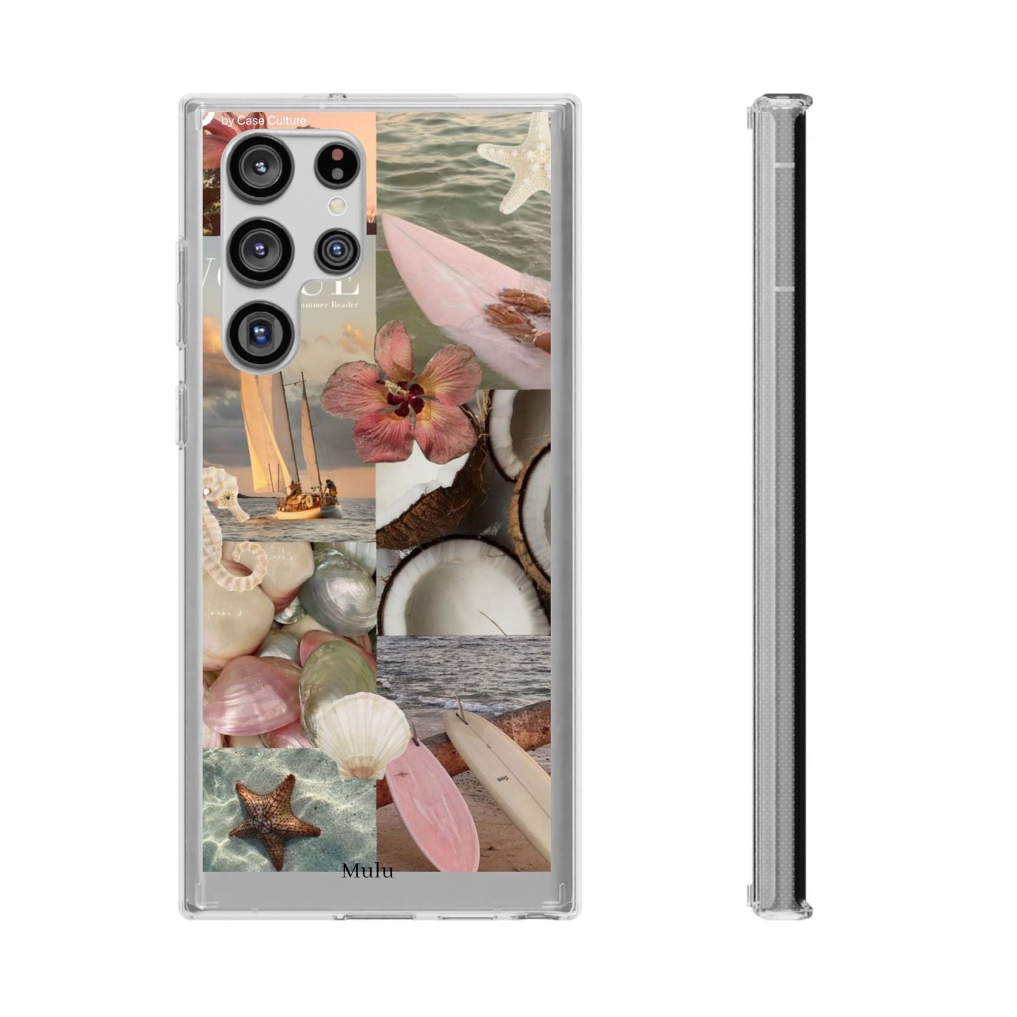 Clear Phone Case — Coastal Collage Shells & Surf Design