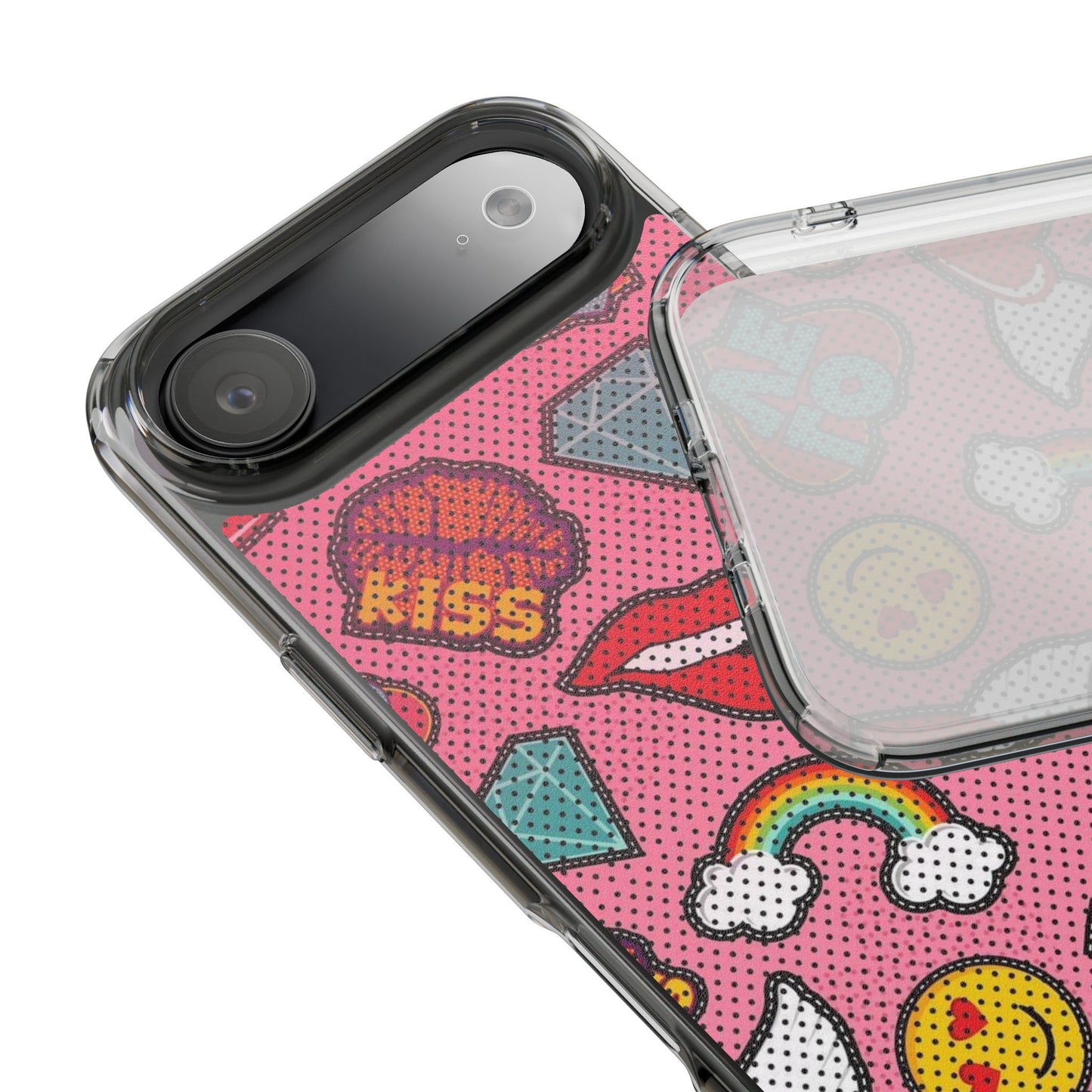 Clear Impact-Resistant Phone Case — Pink Pop Sticker Pattern (Hearts, Rainbows, Smileys)
