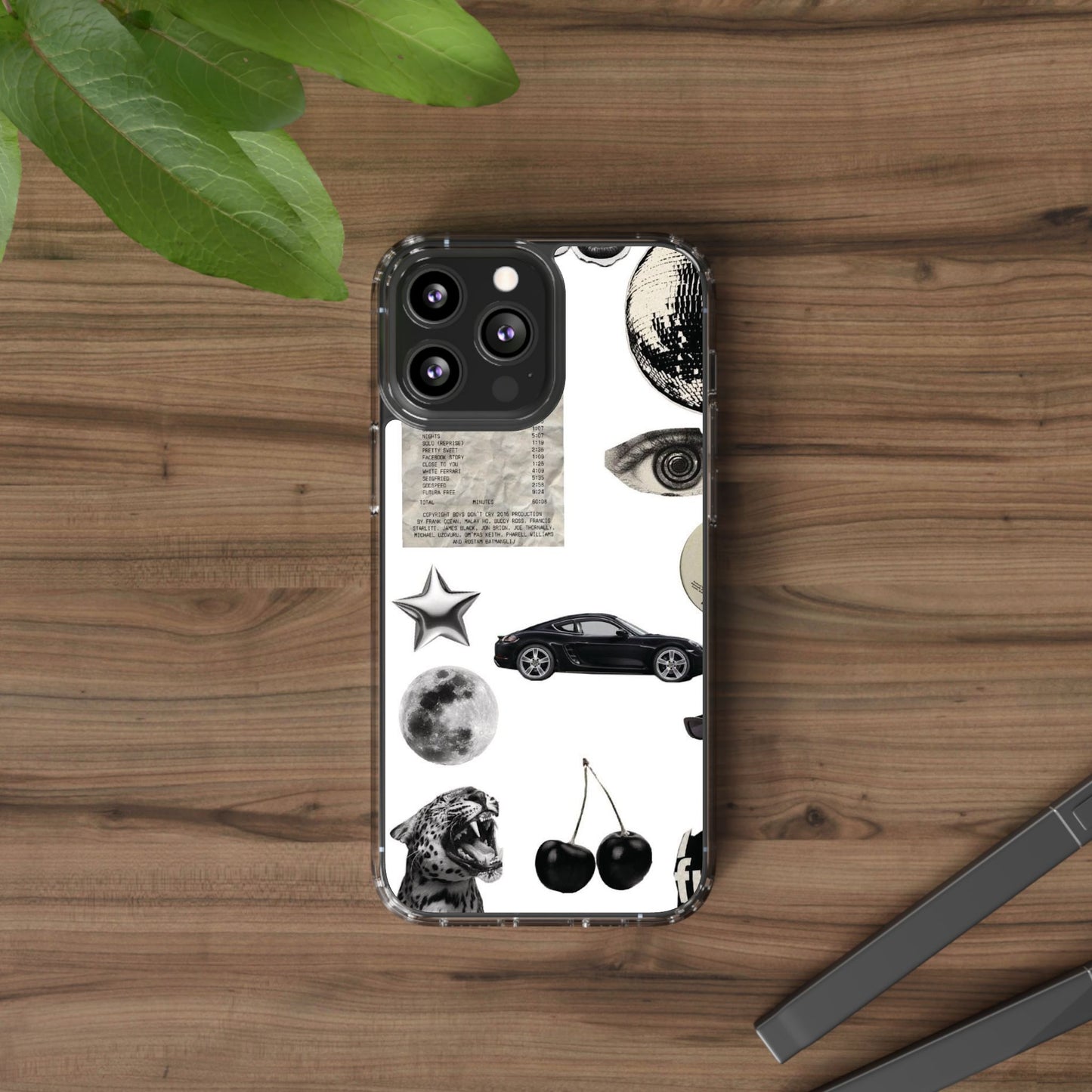 Clear Phone Case — Vintage Collage Stickers (Moon, Eye, Car, Cherries)
