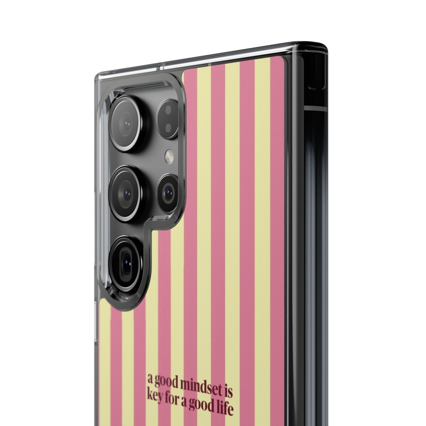 Striped Clear Phone Case — "A Good Mindset Is Key for a Good Life" Motivational iPhone Case