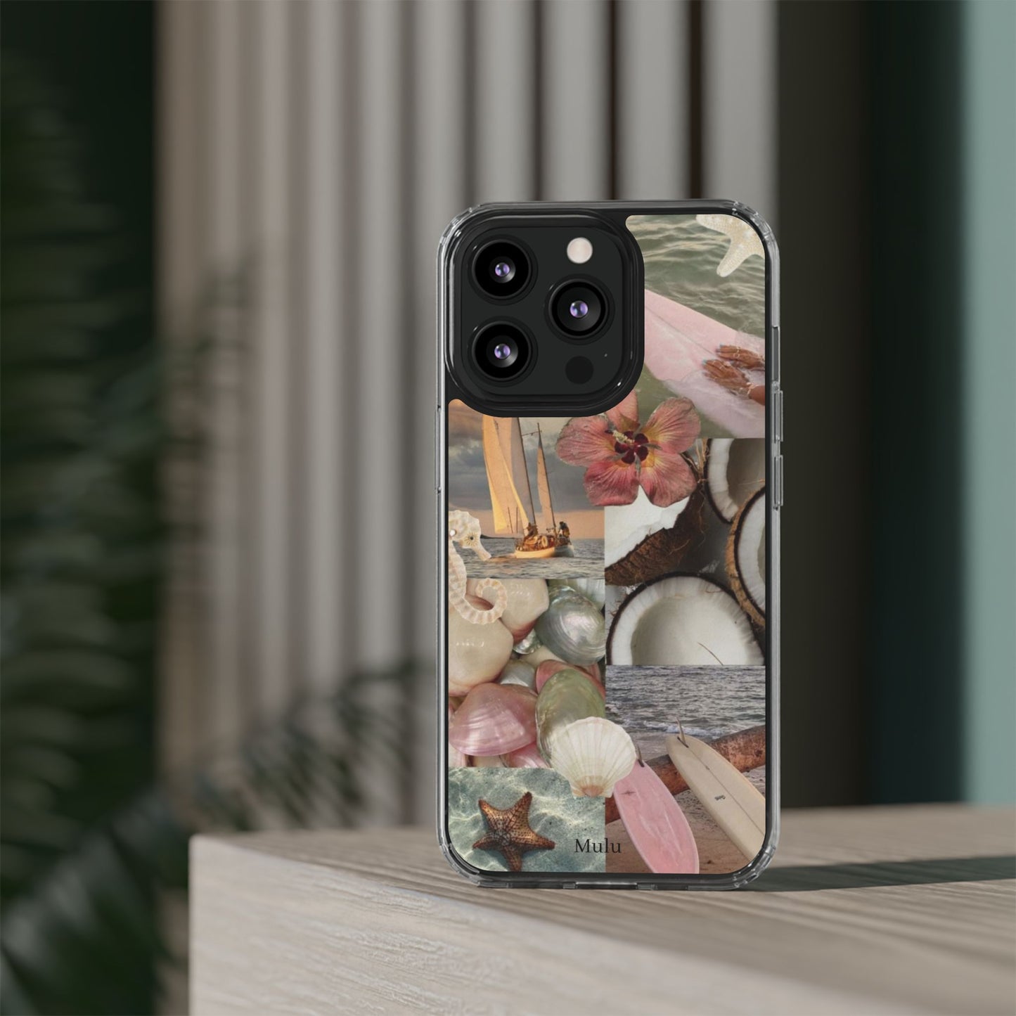 Clear Phone Case — Coastal Collage Shells & Surf Design