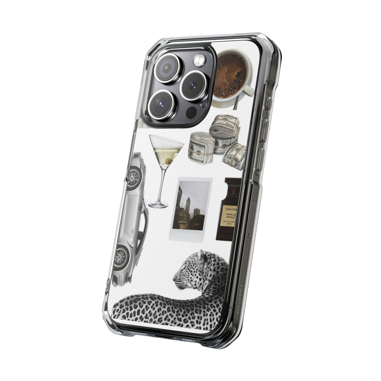 Clear Impact Phone Case — Luxe Collage (Leopard, Martini, Coffee & Vintage Car)
