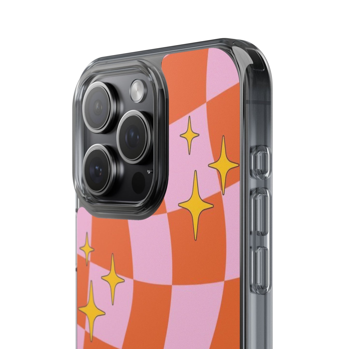Clear Impact-Resistant Case — Retro Pink & Orange Checker with Sparkle Stars