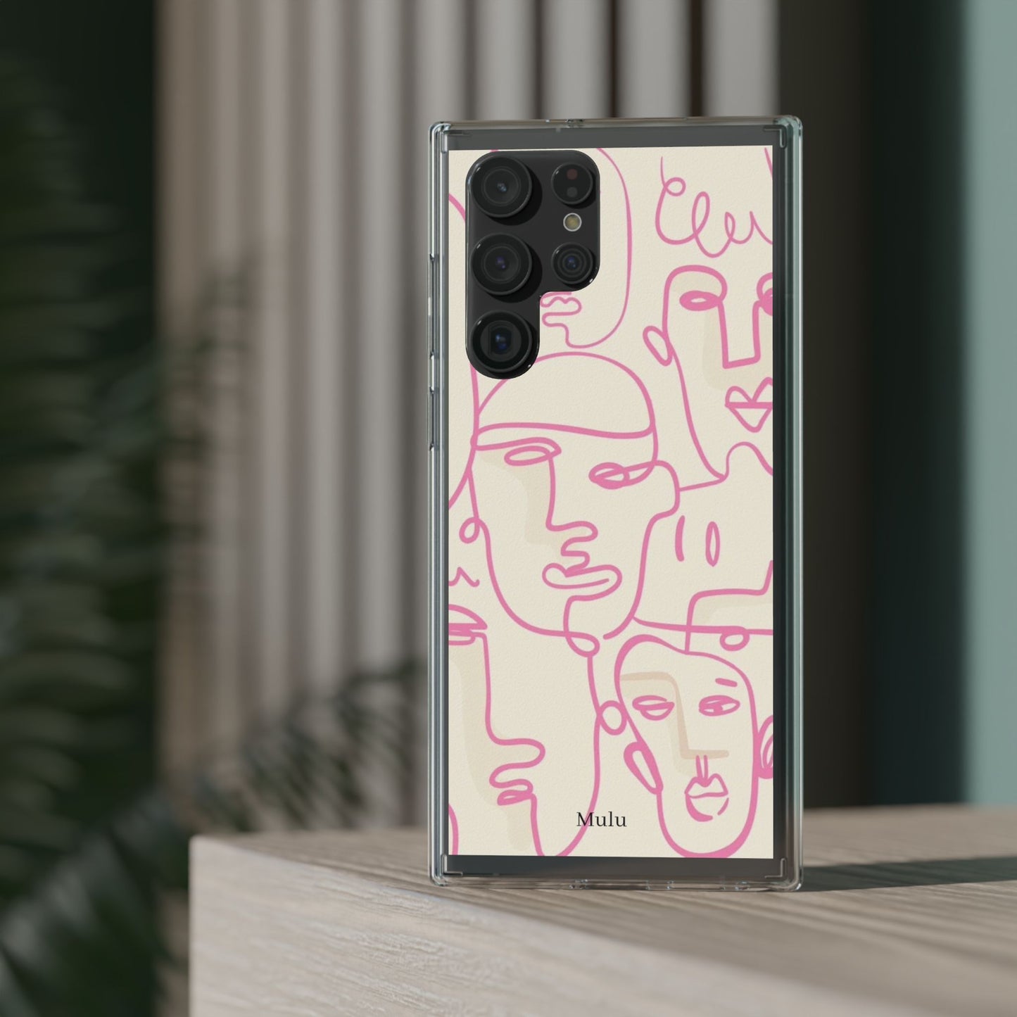 Clear Impact-Resistant Phone Case — Pink Minimalist Line Faces Design