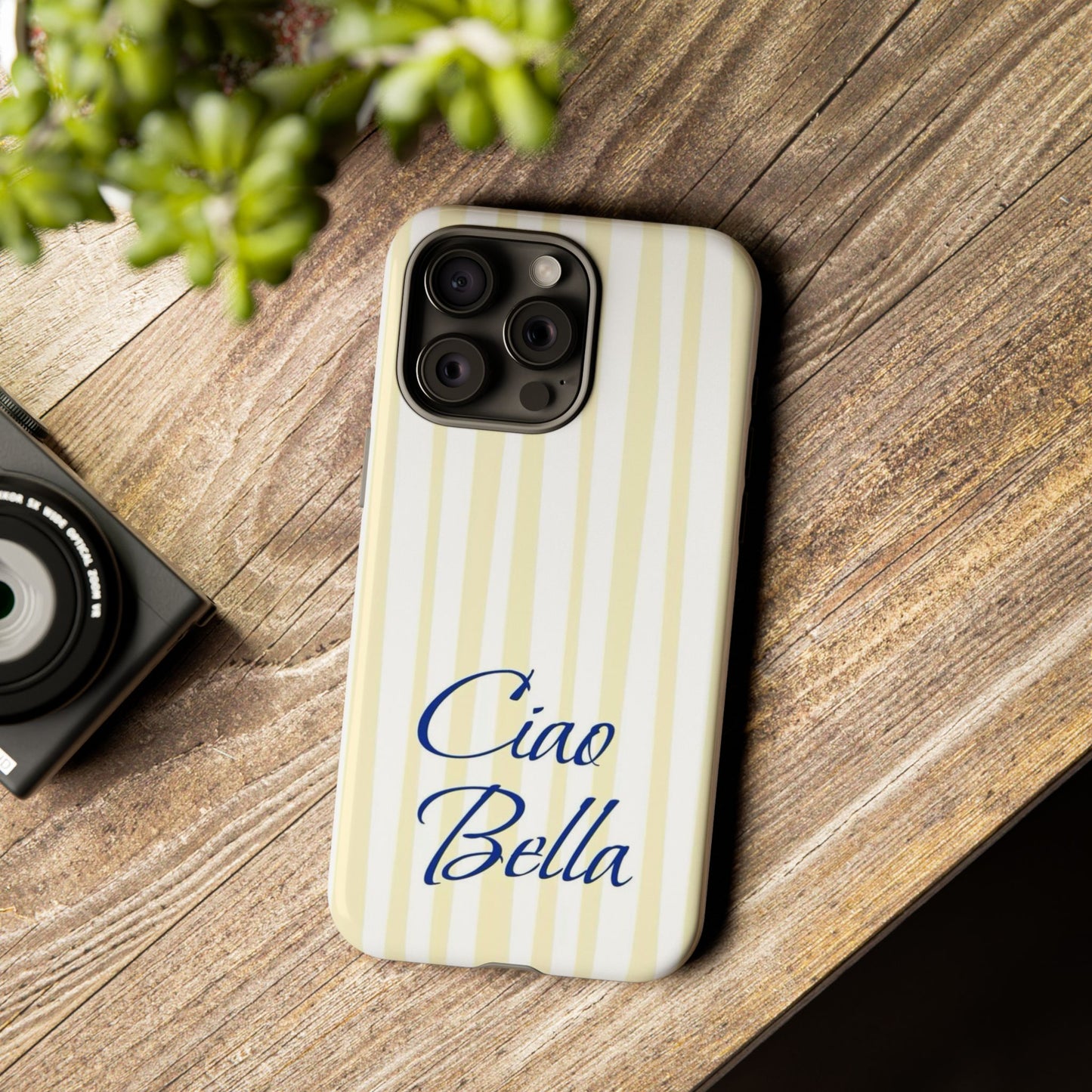 Ciao Bella Phone Case – Striped Elegant Italian Script Protective Cover