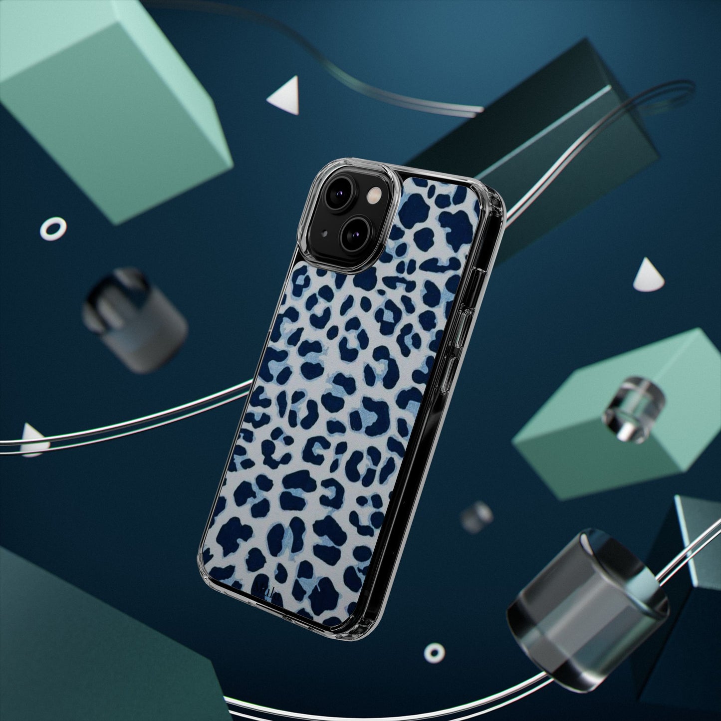 Clear Impact-Resistant Phone Case — Blue Watercolor Leopard Print
