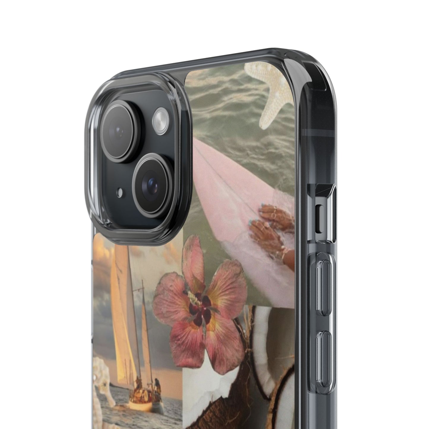 Clear Phone Case — Coastal Collage Shells & Surf Design