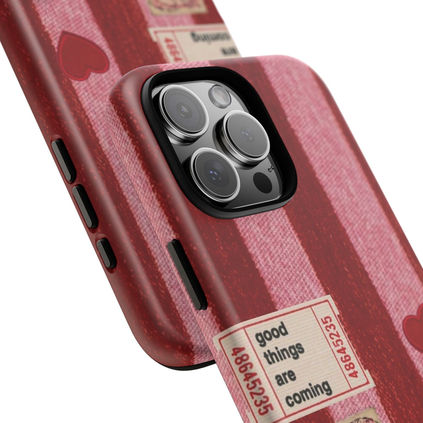 Phone Case — Red Striped Heart Design with “Good Things Are Coming”