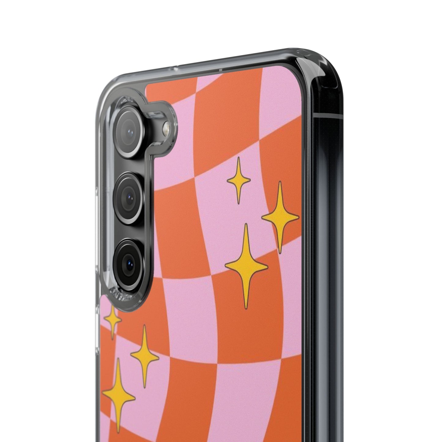 Clear Impact-Resistant Case — Retro Pink & Orange Checker with Sparkle Stars