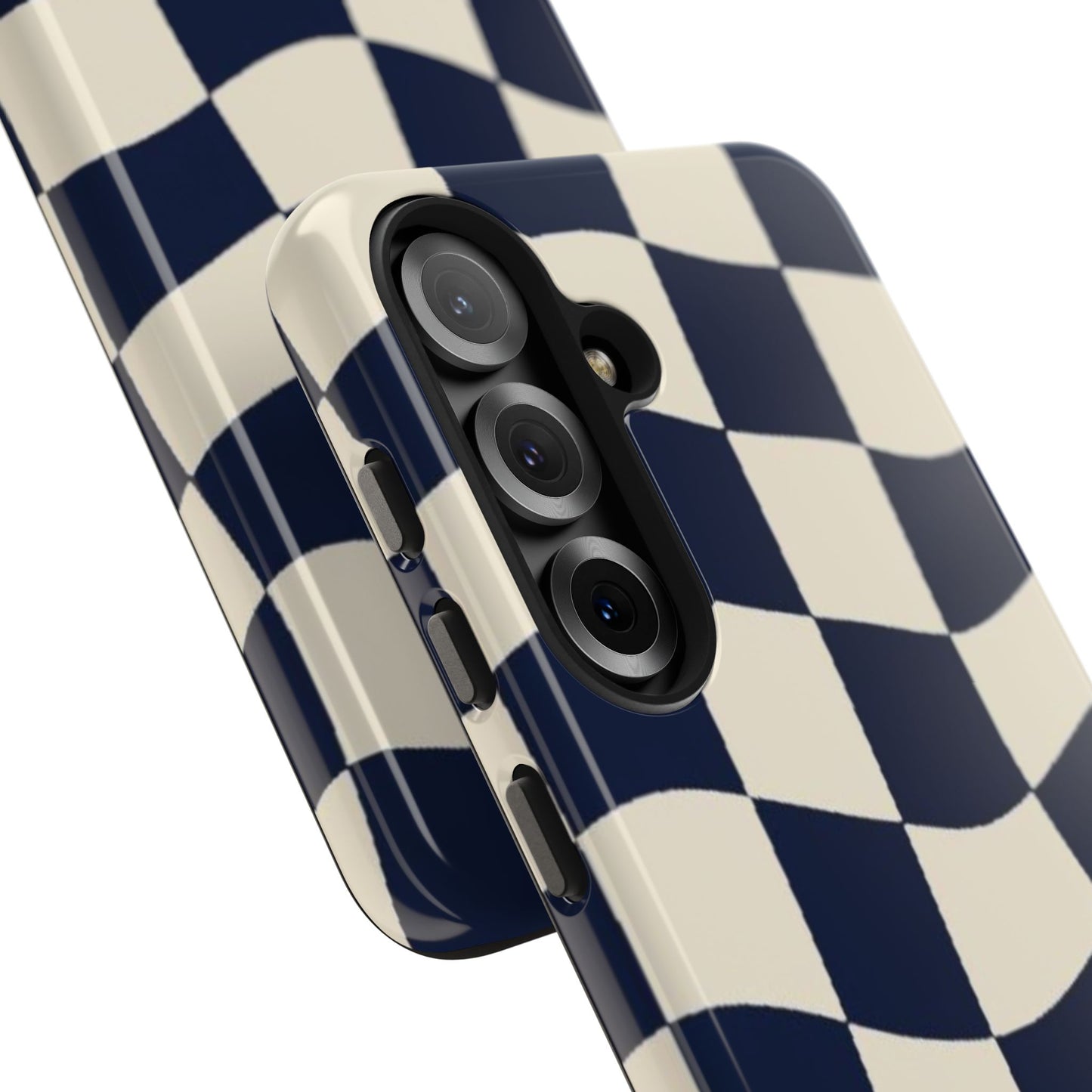 Wavy Checkerboard Tough Phone Case — Navy & Cream Protective Cover