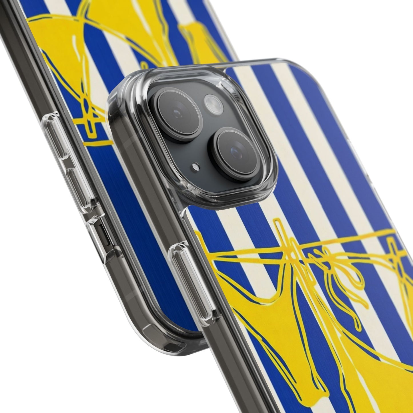Striped Beach Bikini Phone Case — Yellow Swimwear on Blue & White Stripes, Clear Impact-Resistant