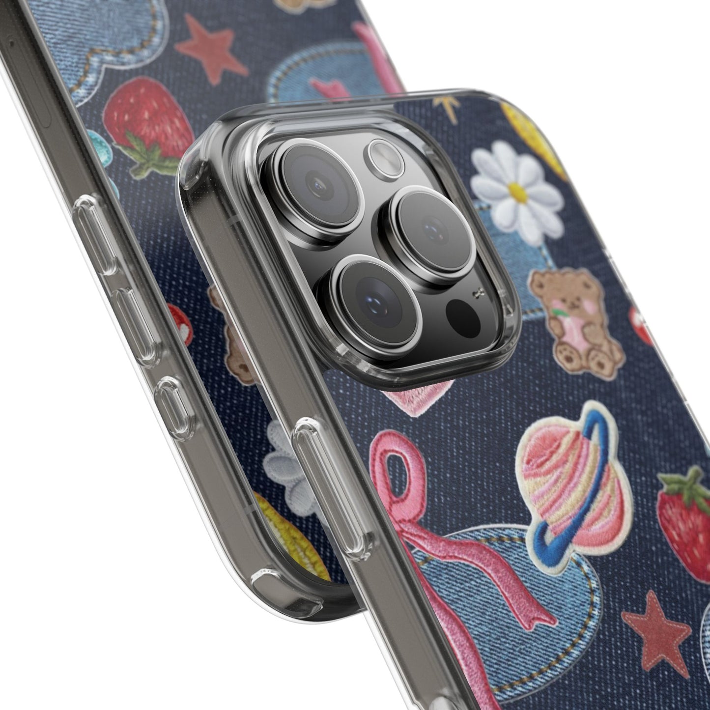 Clear Impact-Resistant Phone Case — Cute Denim Patch Collage (Teddy, Strawberry, Planet)