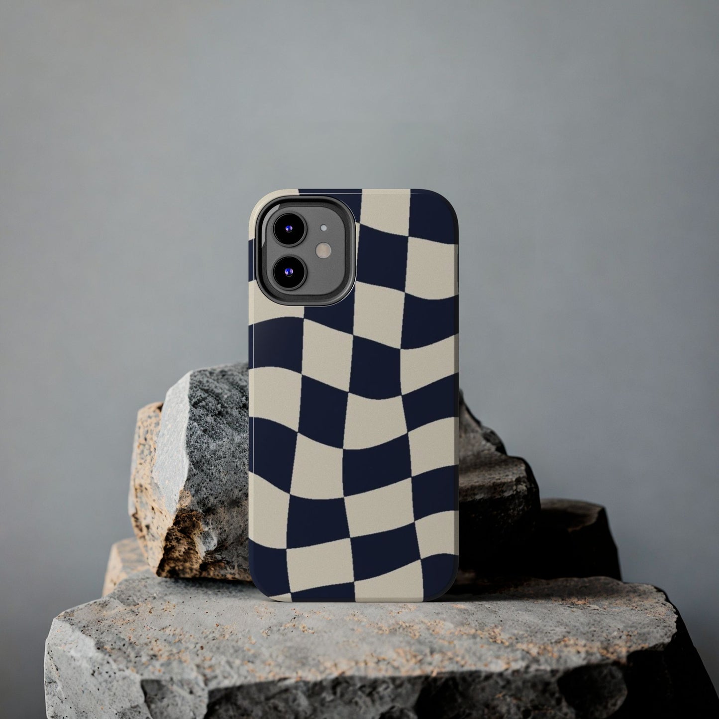 Wavy Checkerboard Tough Phone Case — Navy & Cream Protective Cover