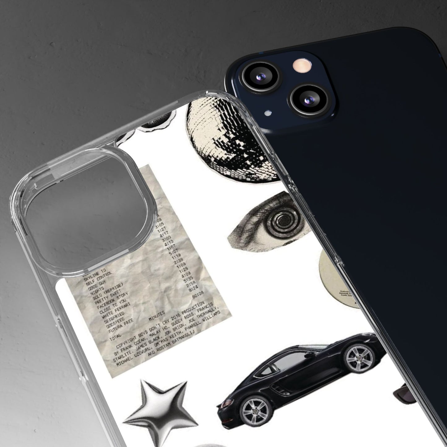 Clear Phone Case — Vintage Collage Stickers (Moon, Eye, Car, Cherries)