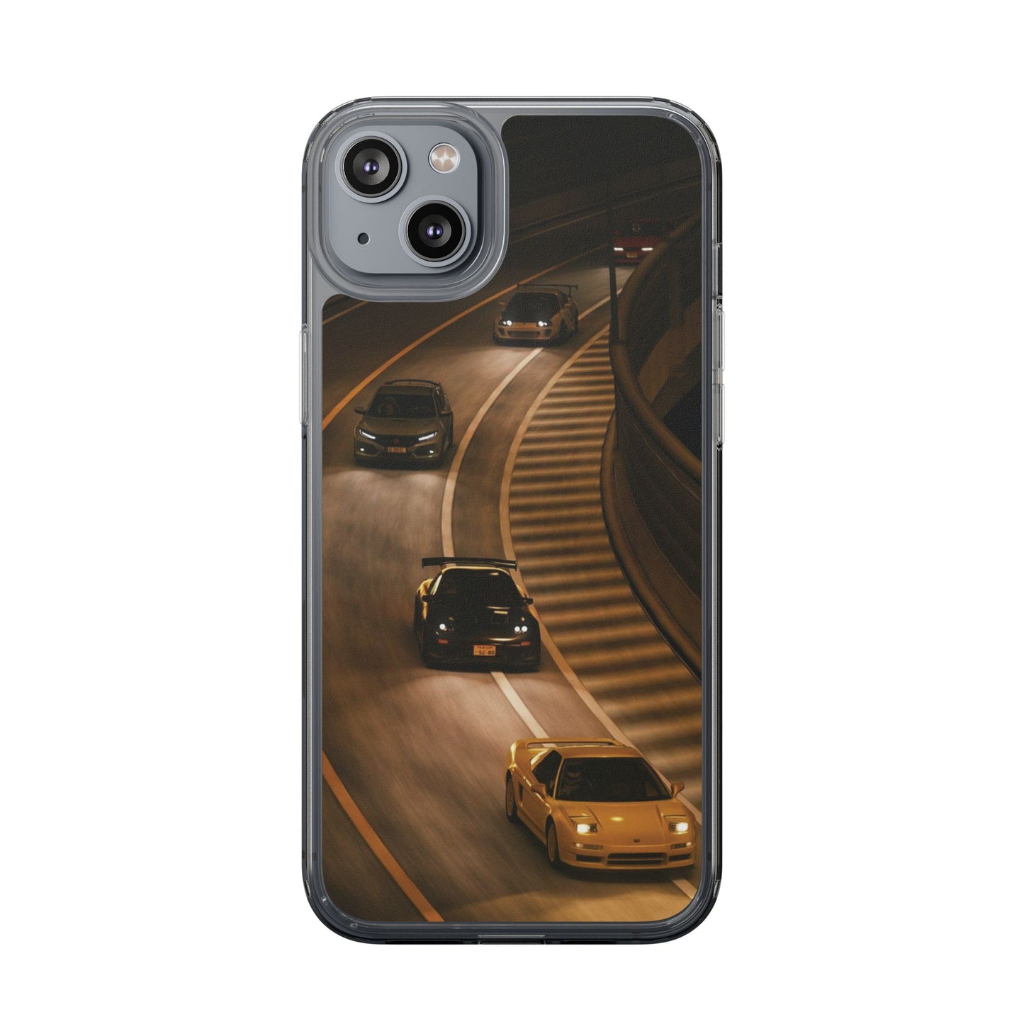 Racing Night Clear Phone Case – Sports Cars on Curved Highway