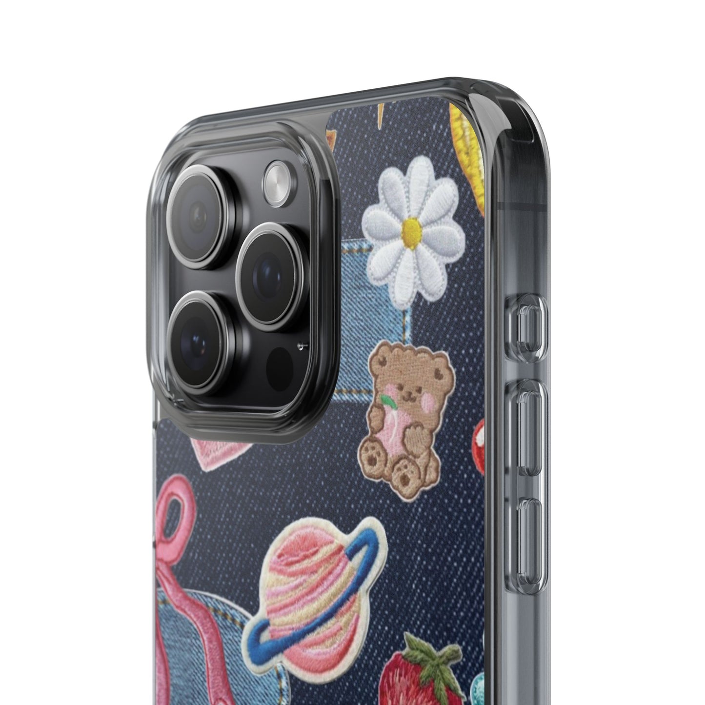 Clear Impact-Resistant Phone Case — Cute Denim Patch Collage (Teddy, Strawberry, Planet)