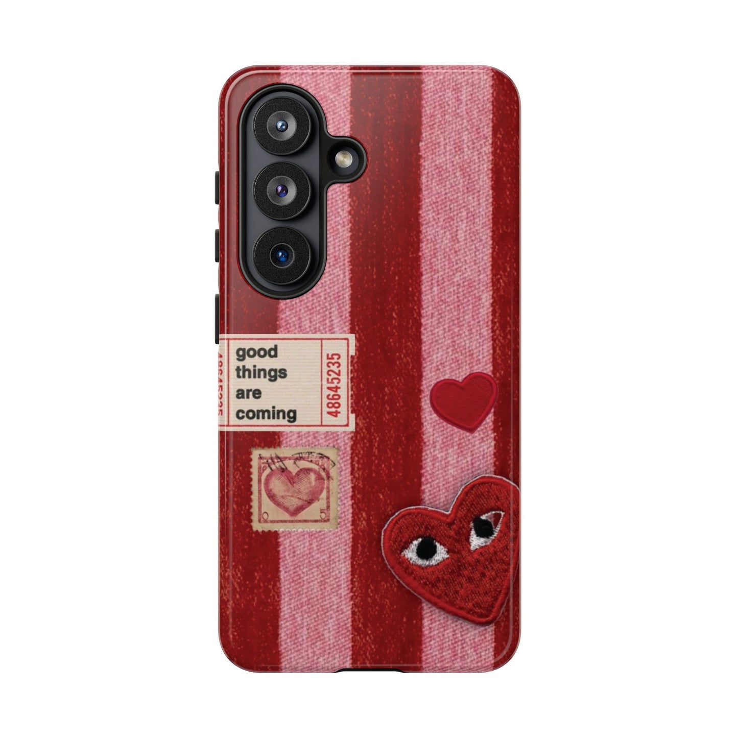 Phone Case — Red Striped Heart Design with “Good Things Are Coming”