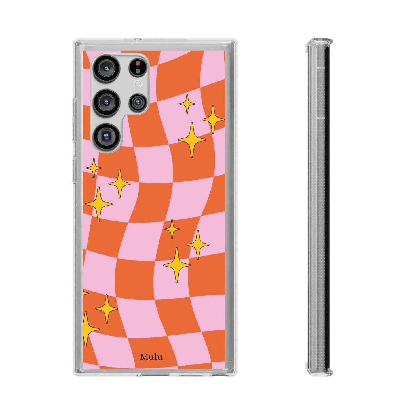Clear Impact-Resistant Case — Retro Pink & Orange Checker with Sparkle Stars
