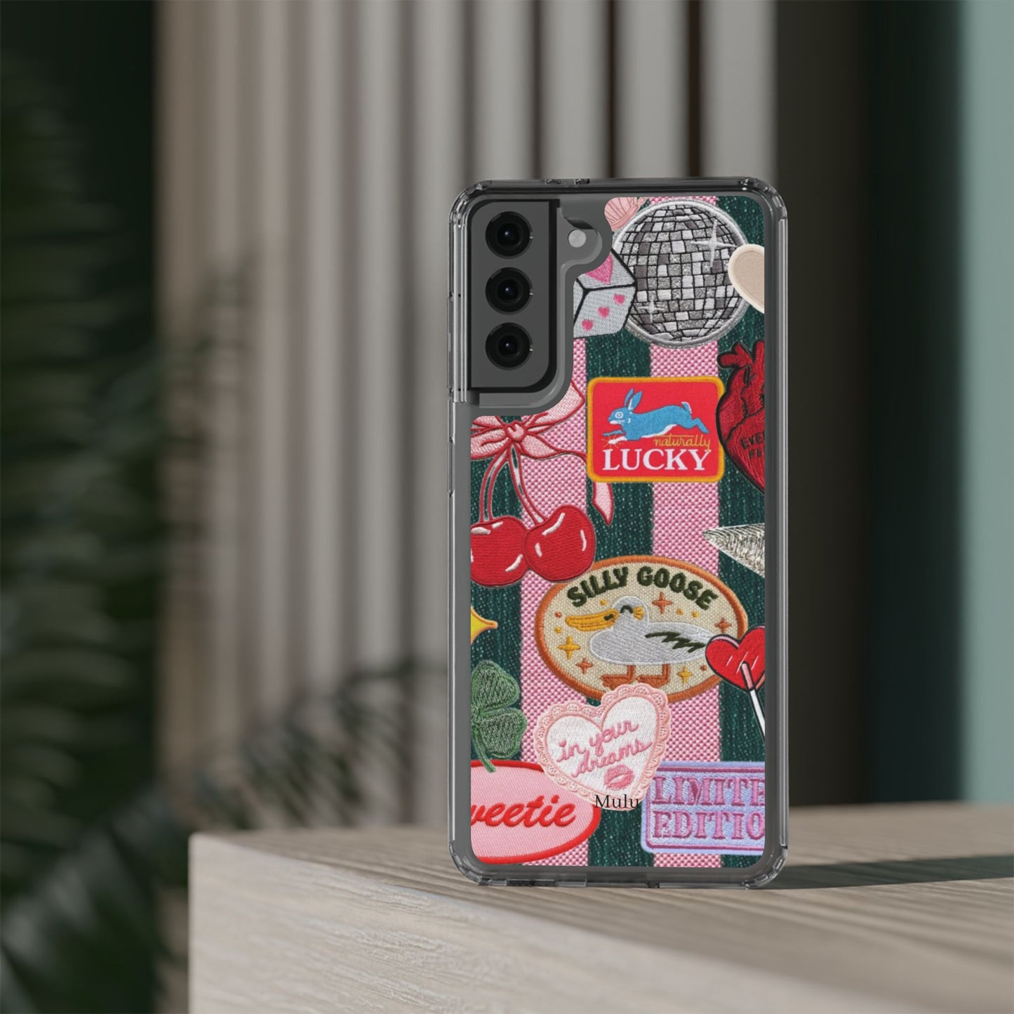 Clear Impact-Resistant Phone Case — Retro Patchwork Stickers (Lucky, Cherries, Silly Goose)